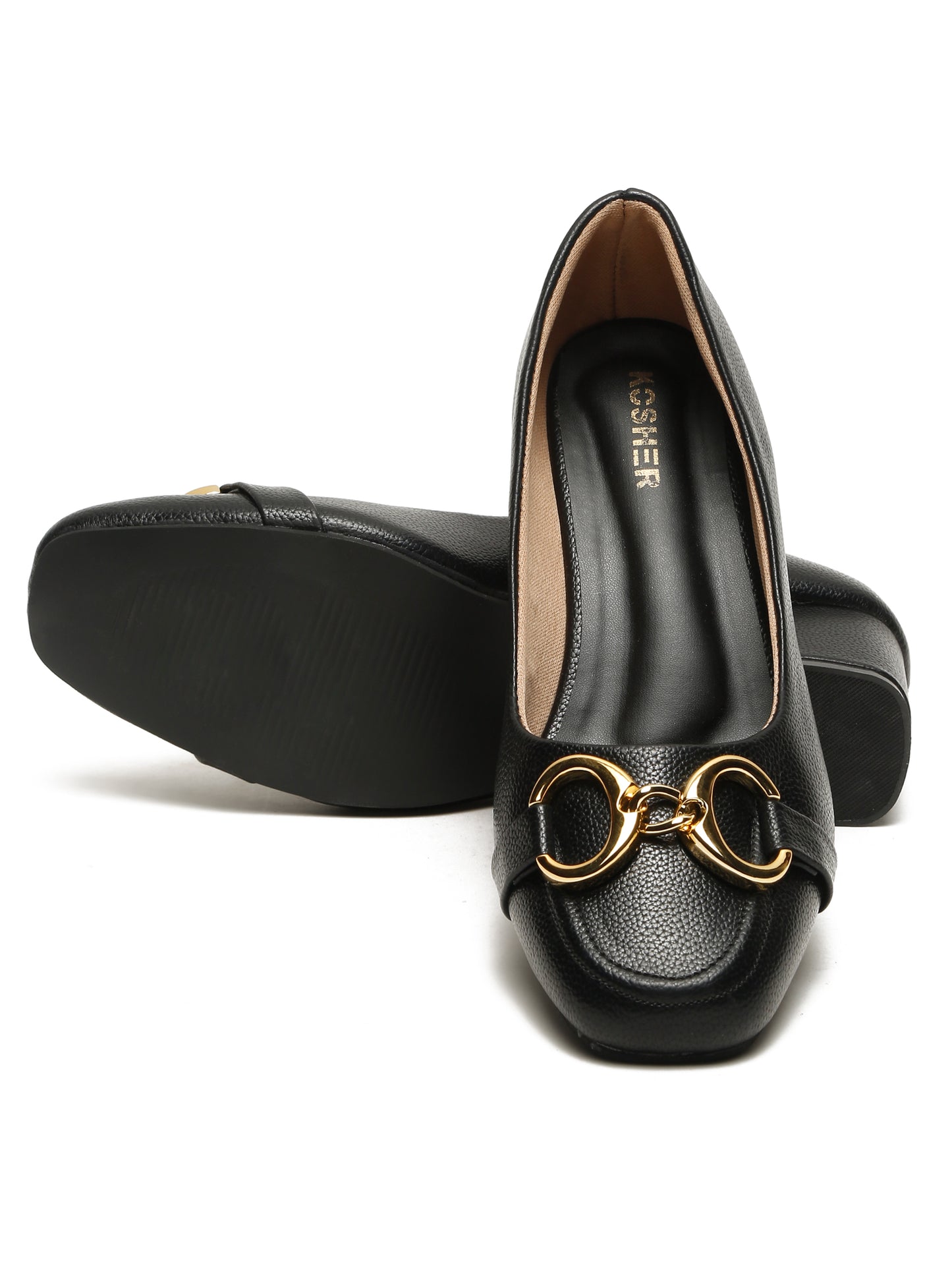 Kosher Women’s Black Block Heel Pumps with Gold Chain Buckle | Formal Office Wear Heels