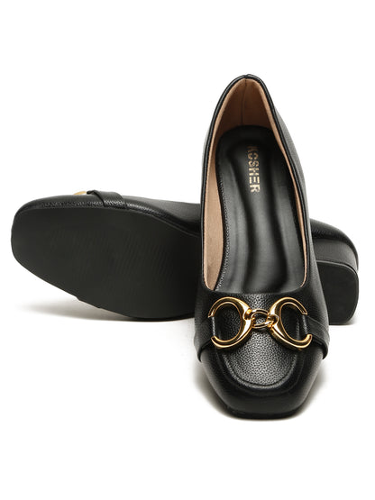 Kosher Women’s Black Block Heel Pumps with Gold Chain Buckle | Formal Office Wear Heels