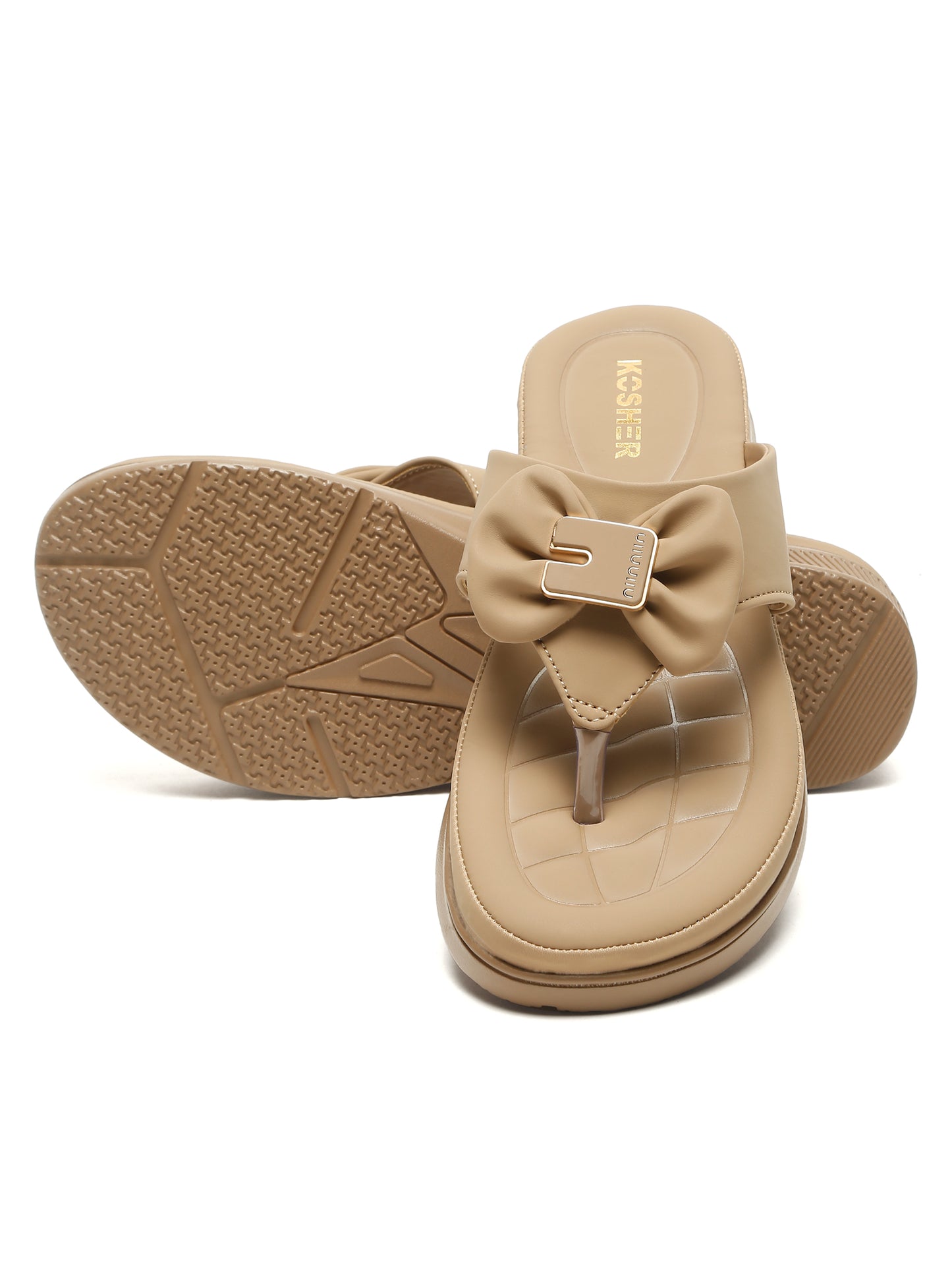 Kosher Women's Comfort Platform Toe-Ring Slippers with Bow Accent – Beige