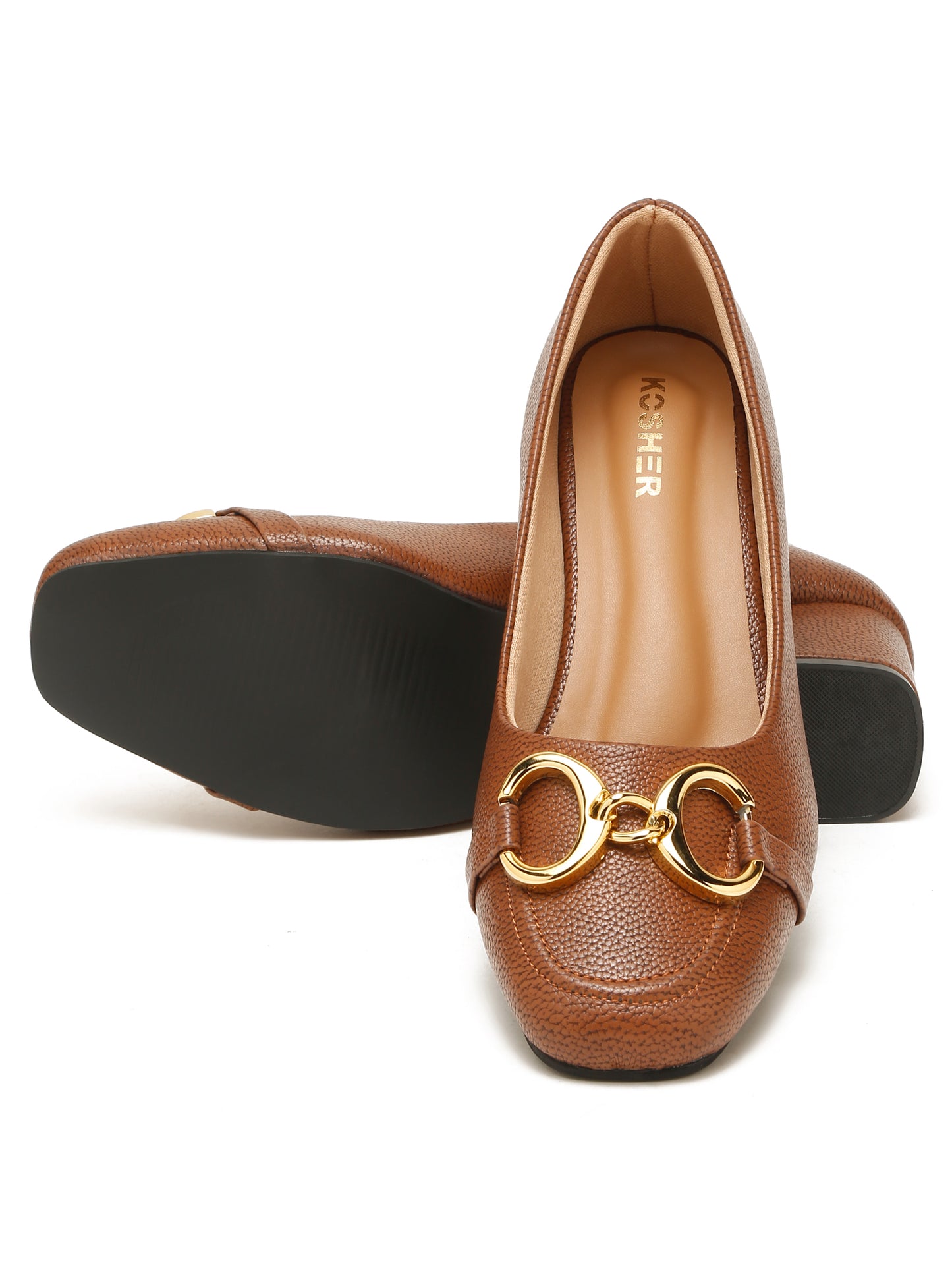 Kosher Women’s Brown Block Heel Pumps with Gold Chain Buckle | Formal Office Wear Heels