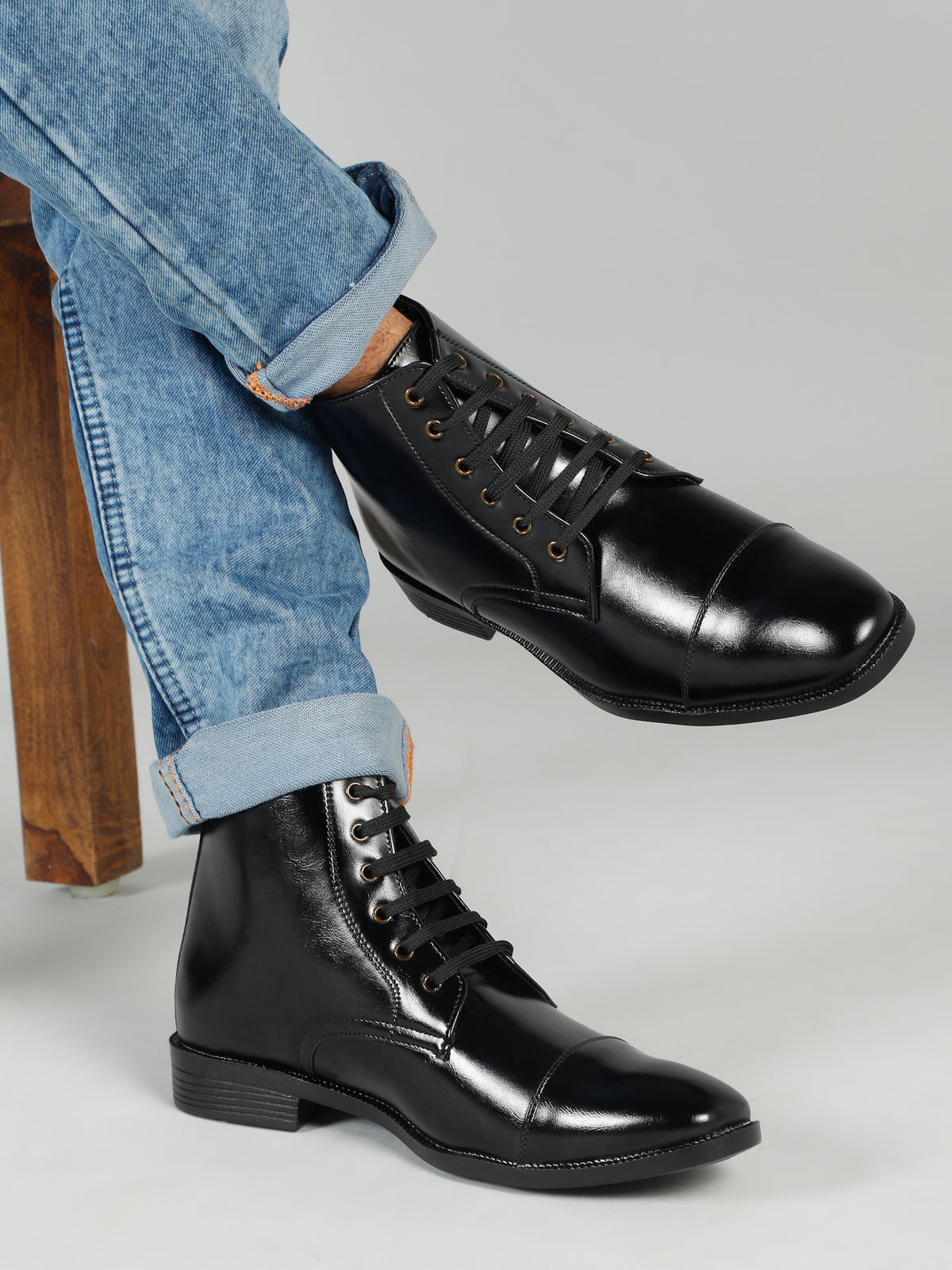 KOSHER Men's Black Synthetic Leather High-Ankle Cap Toe Lace-Up Boots
