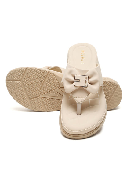 Kosher Women's Comfort Platform Toe-Ring Slippers with Bow Accent – Cream