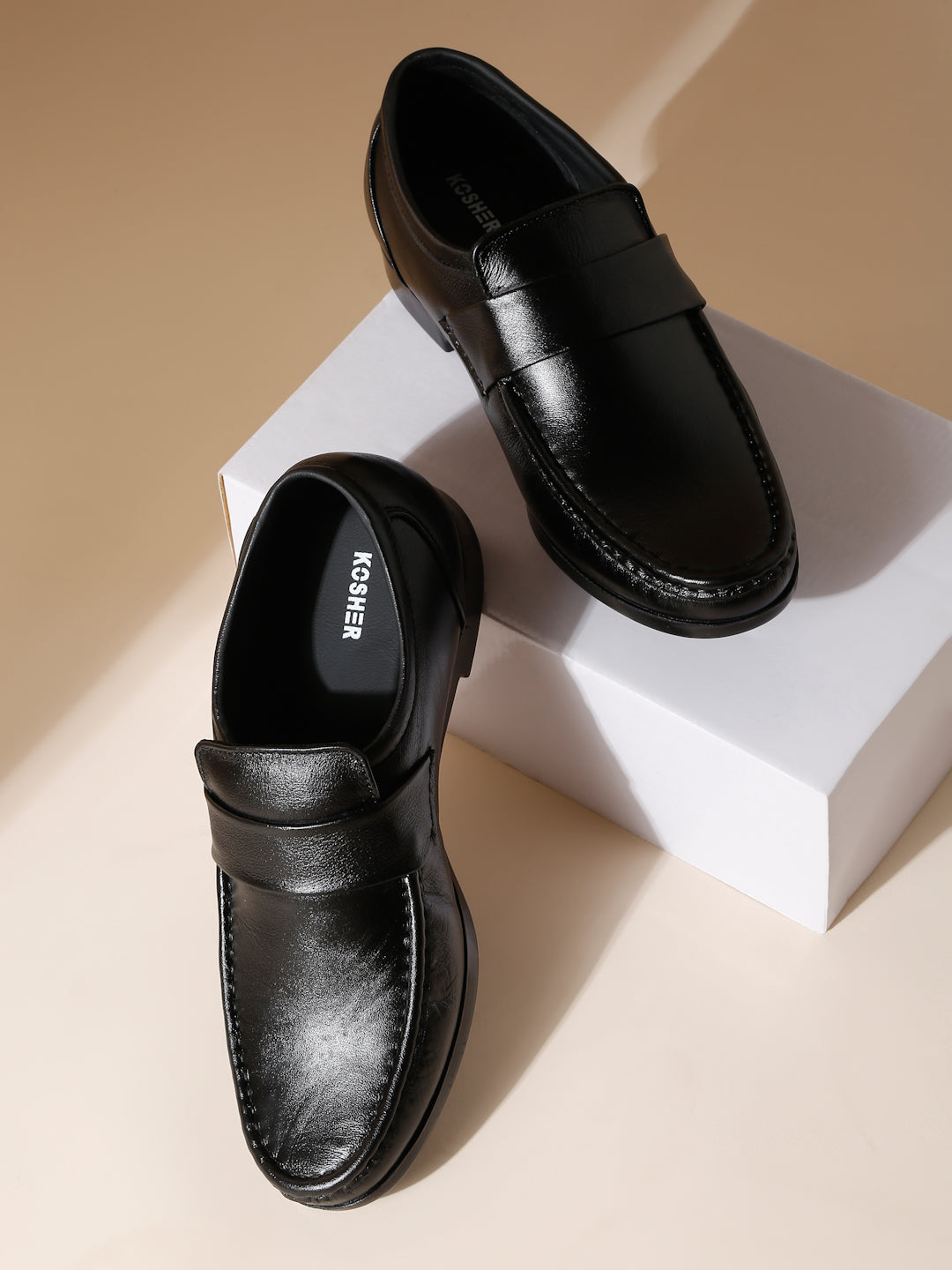 Kosher Black Color Genuine Leather Slip-On Comfort Shoes for Men