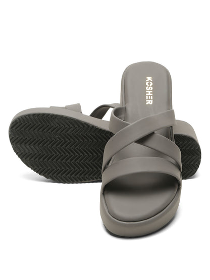 Kosher Women's Dark/Grey Platform Wedge Slides | Stylish Cross Strap Slip-On Sandals for Casual & Daily Wear