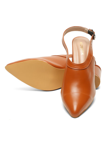 Kosher Women's Tan Pointed Toe Slingback Block Heel Pumps