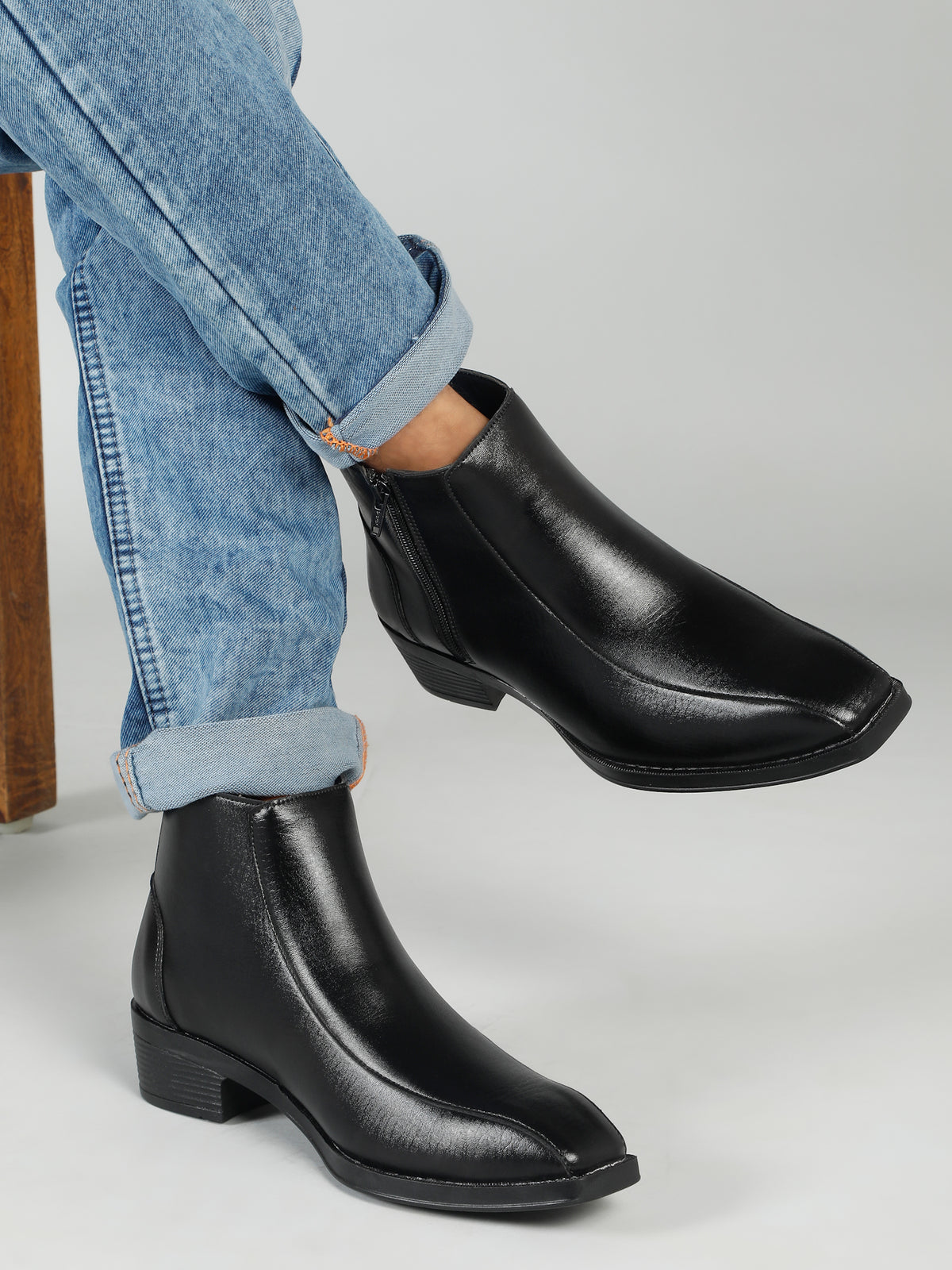 Kosher Men's Black Synthetic Leather Side-Zip Square-Toe Ankle Boots