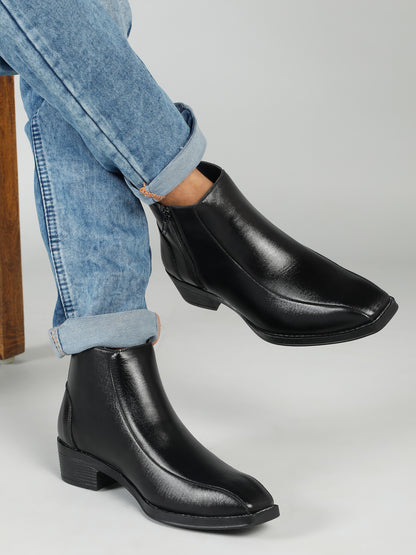 Kosher Men's Black Synthetic Leather Side-Zip Square-Toe Ankle Boots