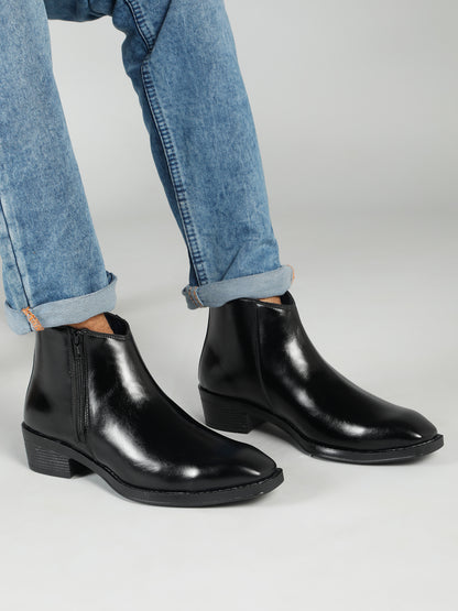 Kosher Men's Premium Black Synthetic Leather Ankle Chelsea Boots with Side Zip Closure and Cuban Heel