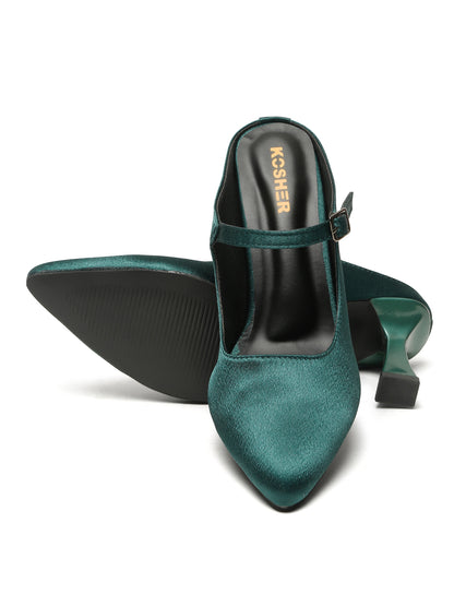 Kosher Women's Green Mules Heels – Elegant Pointed Toe Slip-On Pumps