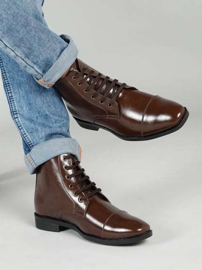 KOSHER Men's Brown Synthetic Leather High-Ankle Cap Toe Lace-Up Boots