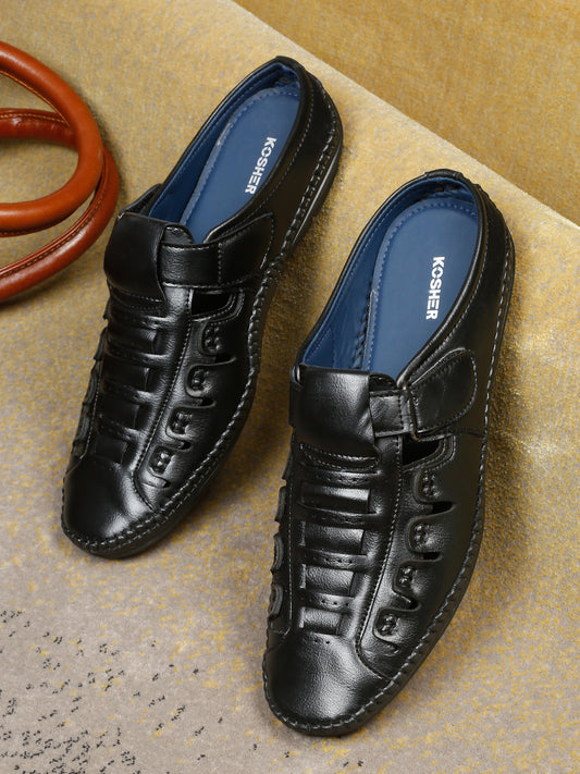 Kosher Black Bantu Roman Faux Leather Men's Casual Sandal