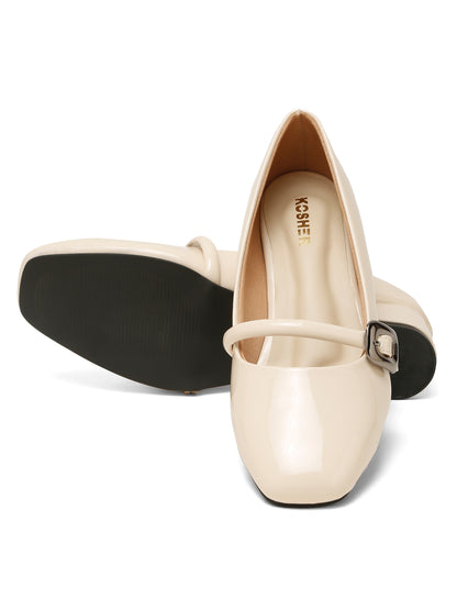 Kosher Women Cream Patent Mary Jane Block Heel Pumps | Glossy Closed Toe Casual & Party Heels