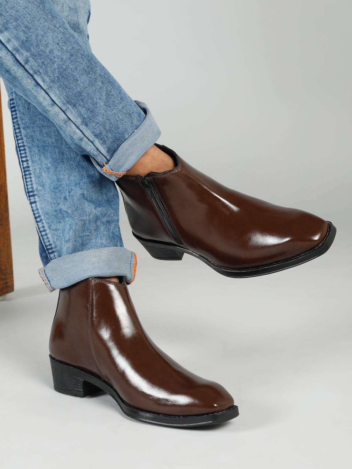 Kosher Men's Premium Brown Synthetic Leather Ankle Chelsea Boots with Side Zip Closure and Cuban Heel