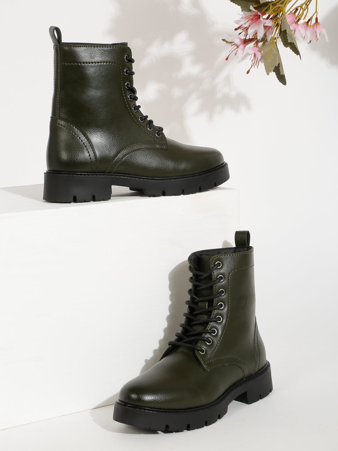 Kosher Elegant Ladies Olive Colour Lace-Up Boots - Stylish & Comfortable