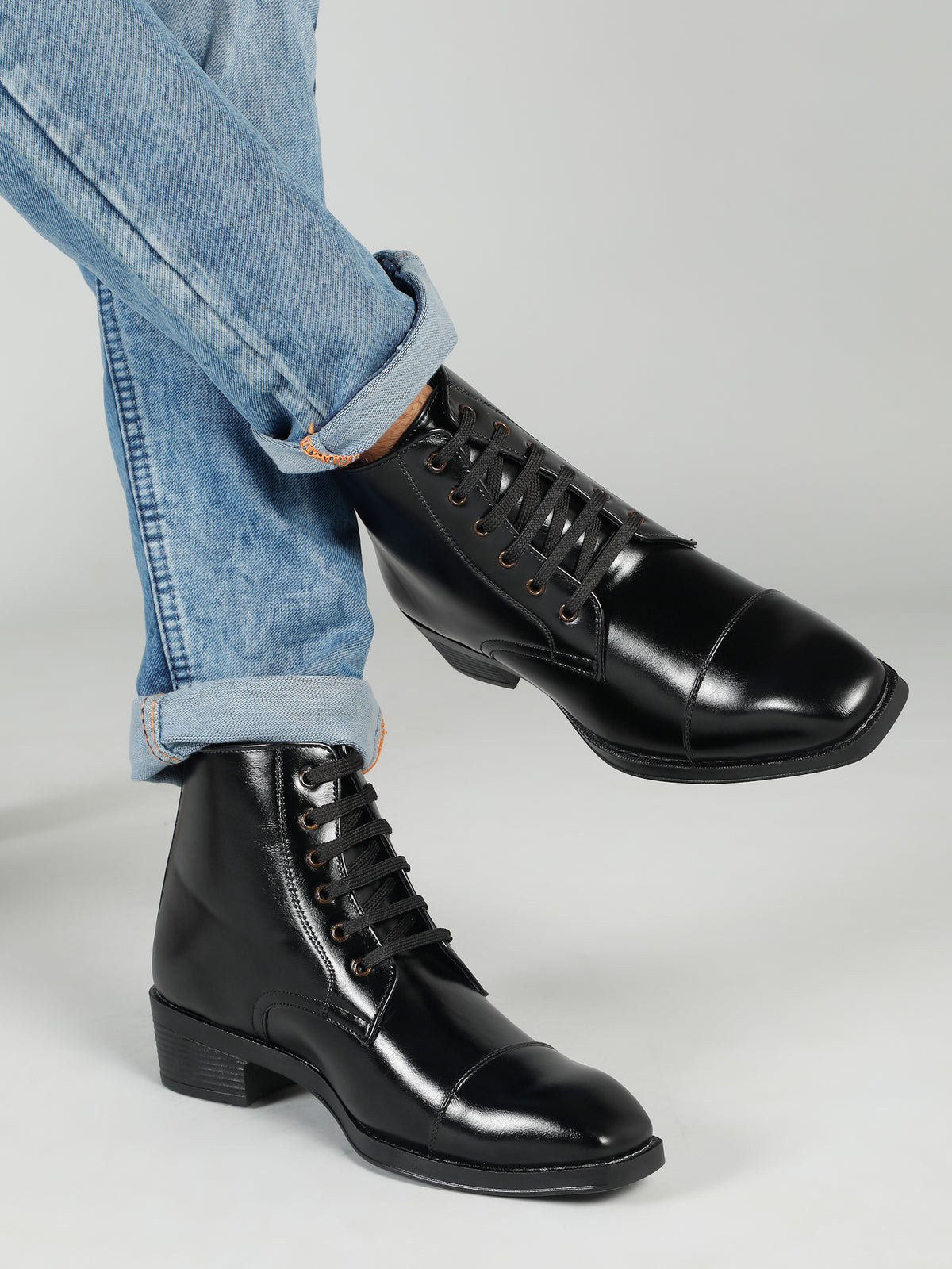 KOSHER Men Black Solid Synthetic Leather Lace-Up Mid-Top High Heel Boots