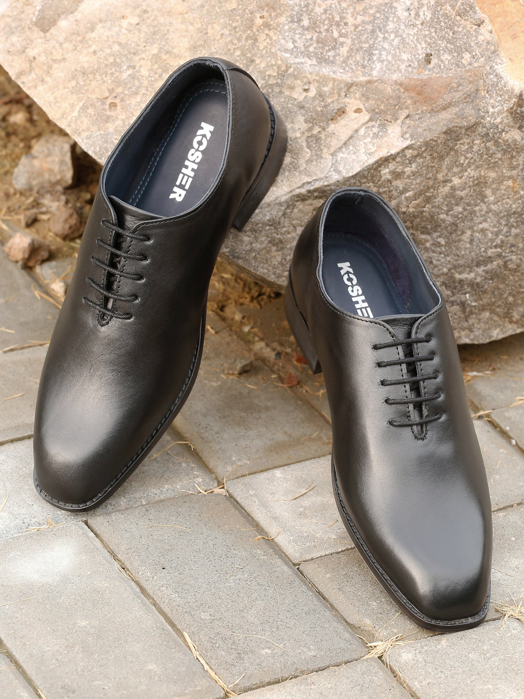 Kosher Men's Sleek Black Plain Toe Lace-Up Formal Shoes