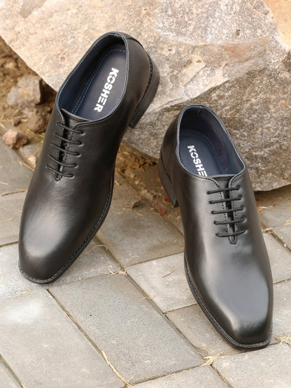 Kosher Men's Sleek Black Plain Toe Lace-Up Formal Shoes