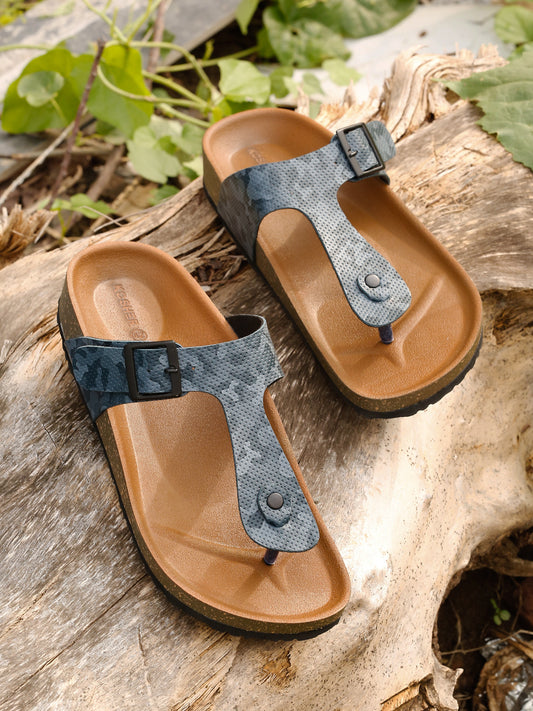 KOSHER Men's Printed Casual T-Strap Flat Slippers