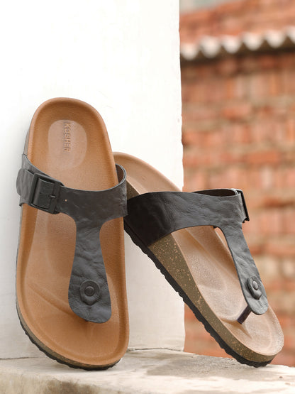 Kosher Men's Black Textured Thong-Strap Flip-Flops Slippers with Adjustable Buckle