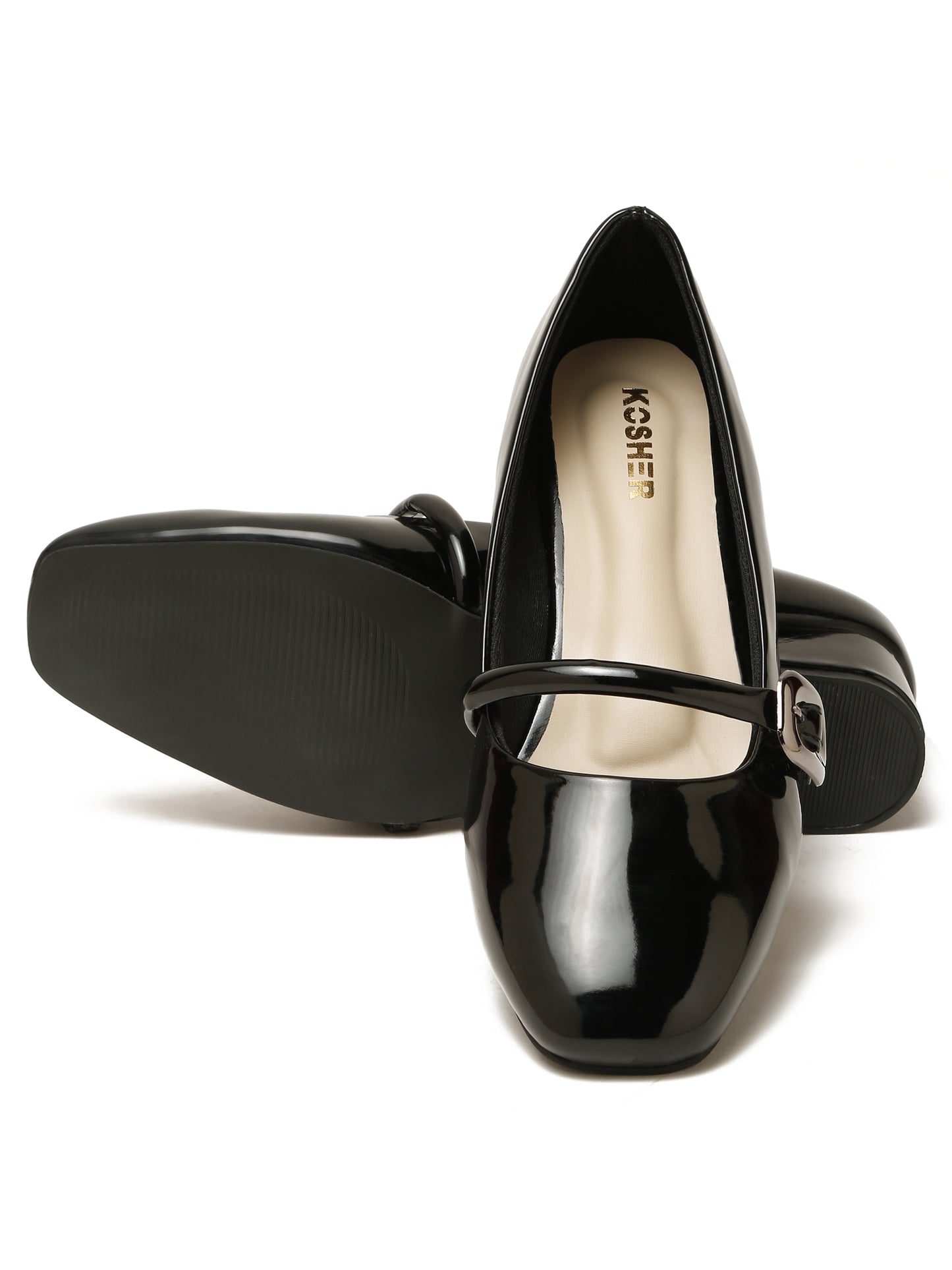 Kosher Women Black Patent Mary Jane Block Heel Pumps | Glossy Closed Toe Casual & Party Heels