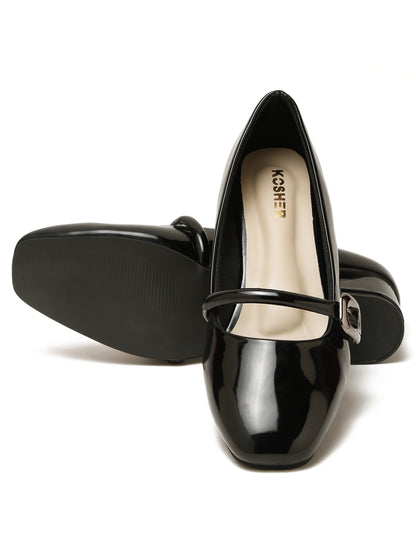Kosher Women Black Patent Mary Jane Block Heel Pumps | Glossy Closed Toe Casual & Party Heels