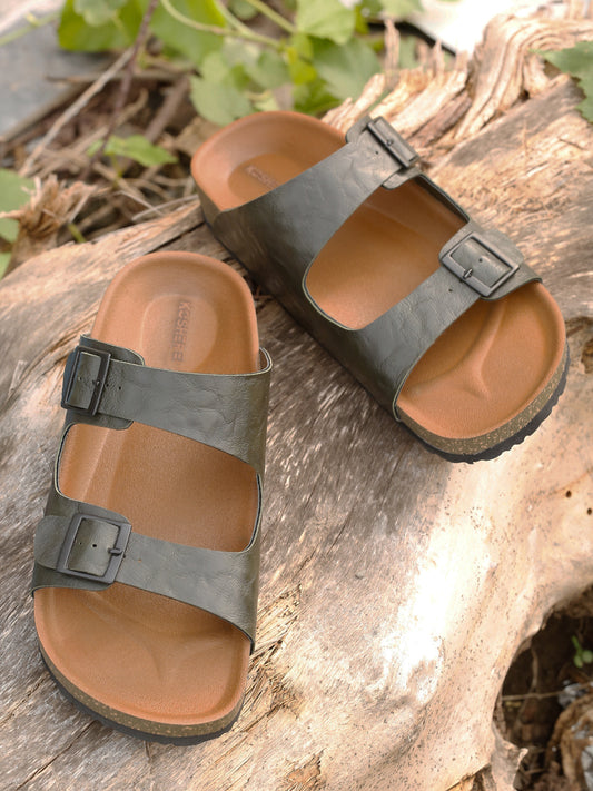 Kosher Men's Stylish and Comfortable Textured Olive Colour Double Buckle Slipper