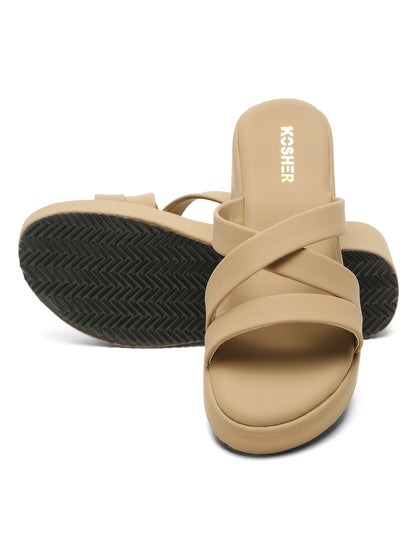 Kosher Women's Beige Platform Wedge Slides | Stylish Cross Strap Slip-On Sandals for Casual & Daily Wear