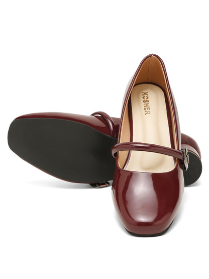 Kosher Women Wine Patent Mary Jane Block Heel Pumps | Glossy Closed Toe Casual & Party Heels