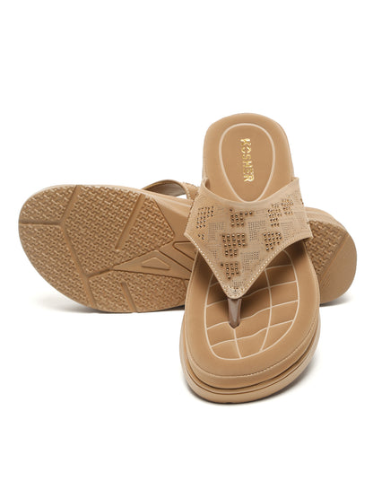 Kosher Women's Beige Comfort Platform Flip-Flops with Studded Strap