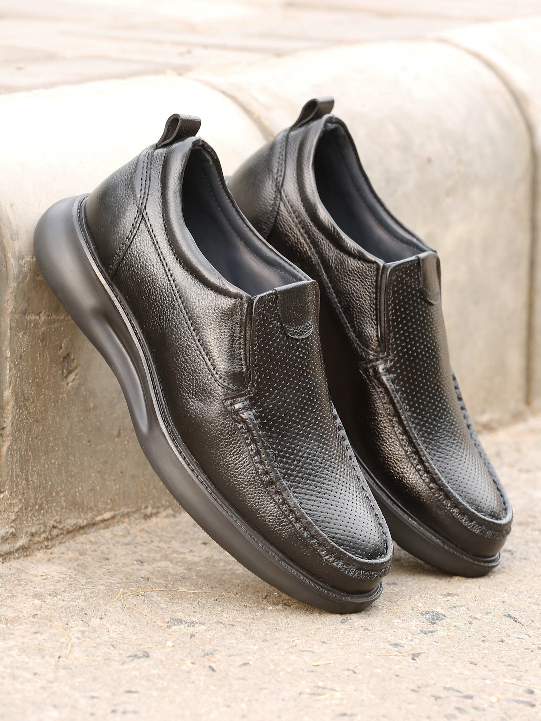 Kosher Men's Black Genuine Leather Slip-On Perforated Shoes