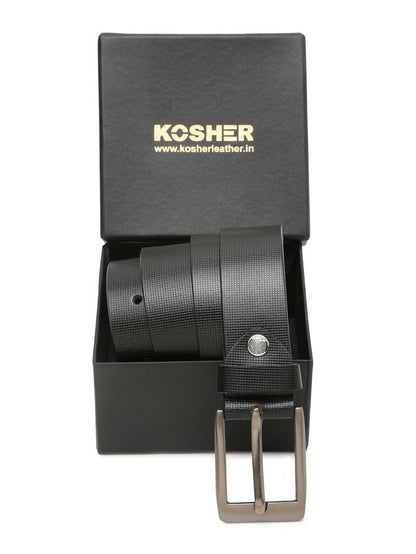 KOSHER Black Color Men's Textured Genuine Leather Belt With Antiqe Finish Buckle – Elegant Textured Finish Belt