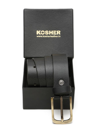 KOSHER Black Color Men's Textured Genuine Leather Belt With Antiqe Finish Buckle – Elegant Textured Finish Belt
