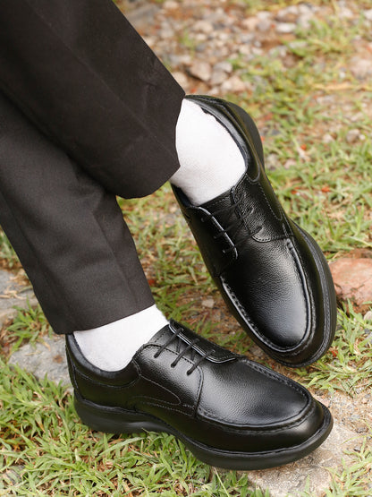 Kosher Men's Black Genuine Leather Derby Shoes with Stitched Moc Toe