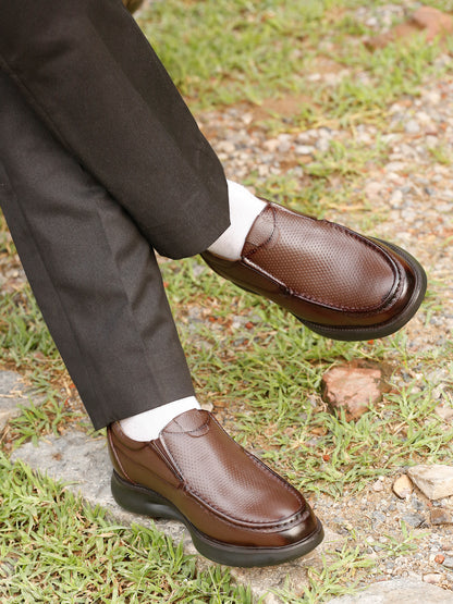 Kosher Men's Brown Genuine Leather Slip-On Perforated Shoes