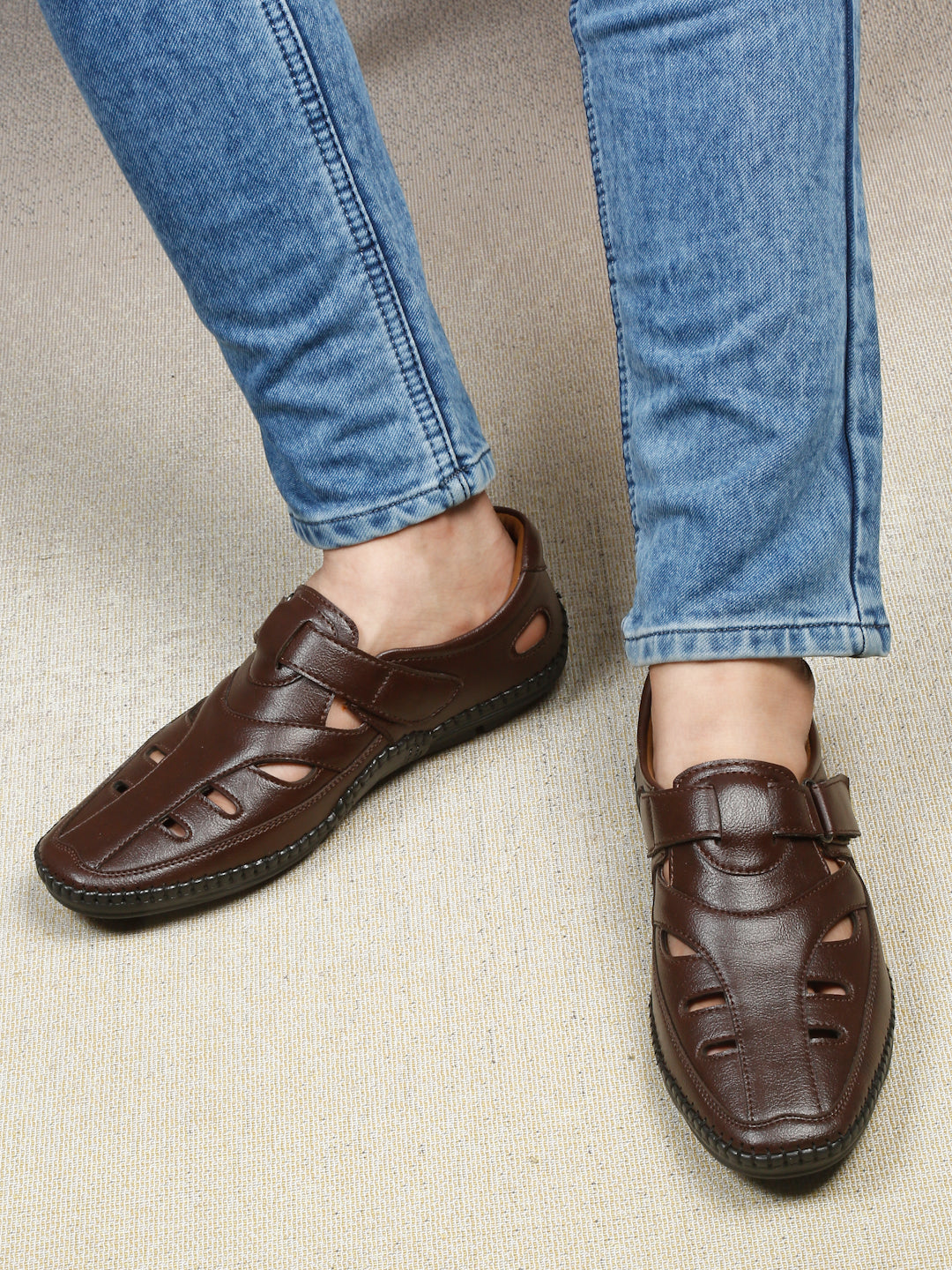 Kosher Brown Roman Faux Leather Men's Casual Sandal