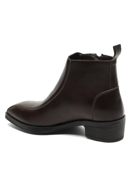 Kosher Men's Brown Synthetic Leather Side-Zip Square-Toe Ankle Boots