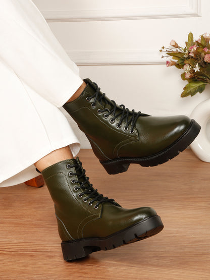 Kosher Elegant Ladies Olive Colour Lace-Up Boots - Stylish & Comfortable