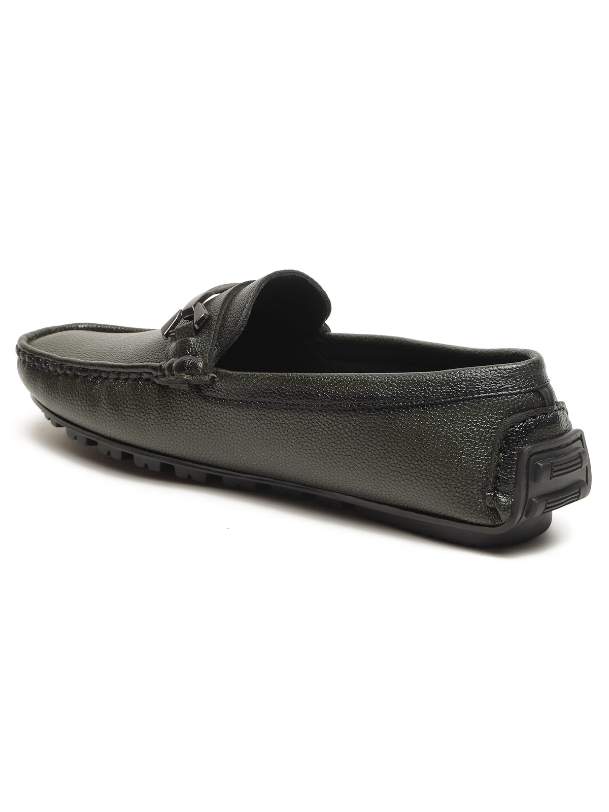 KOSHER Men Textured Olive Horsebit Buckle Slip-On Loafers