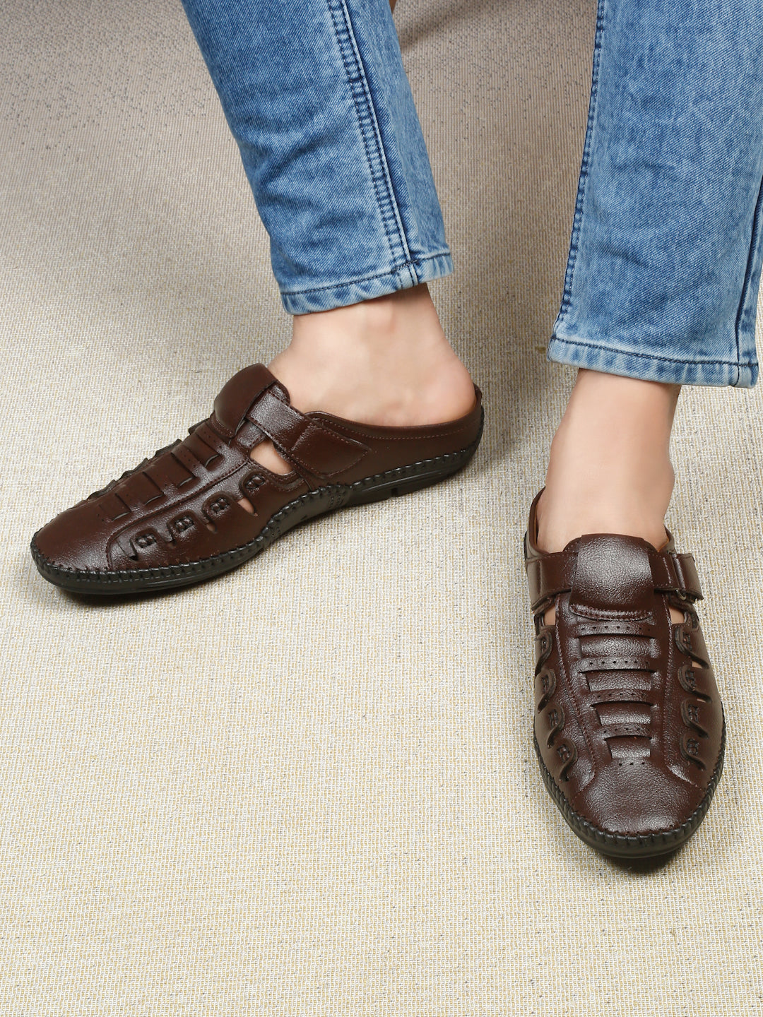 Kosher Brown Bantu Roman Faux Leather Men's Casual Sandal