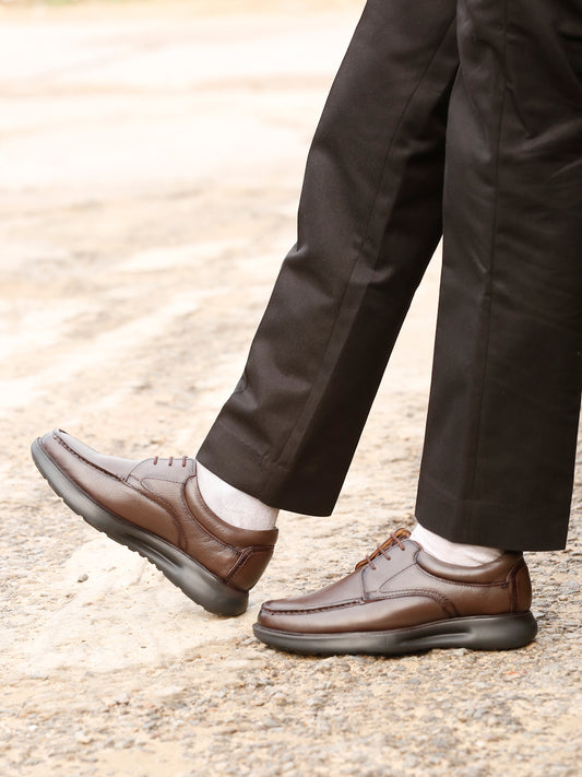 Kosher Men's Brown Genuine Leather Derby Shoes with Stitched Moc Toe
