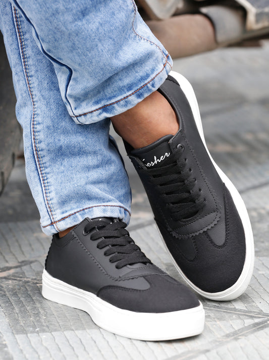 Kosher Black Suede & Synthetic Leather Low-Top Sneakers