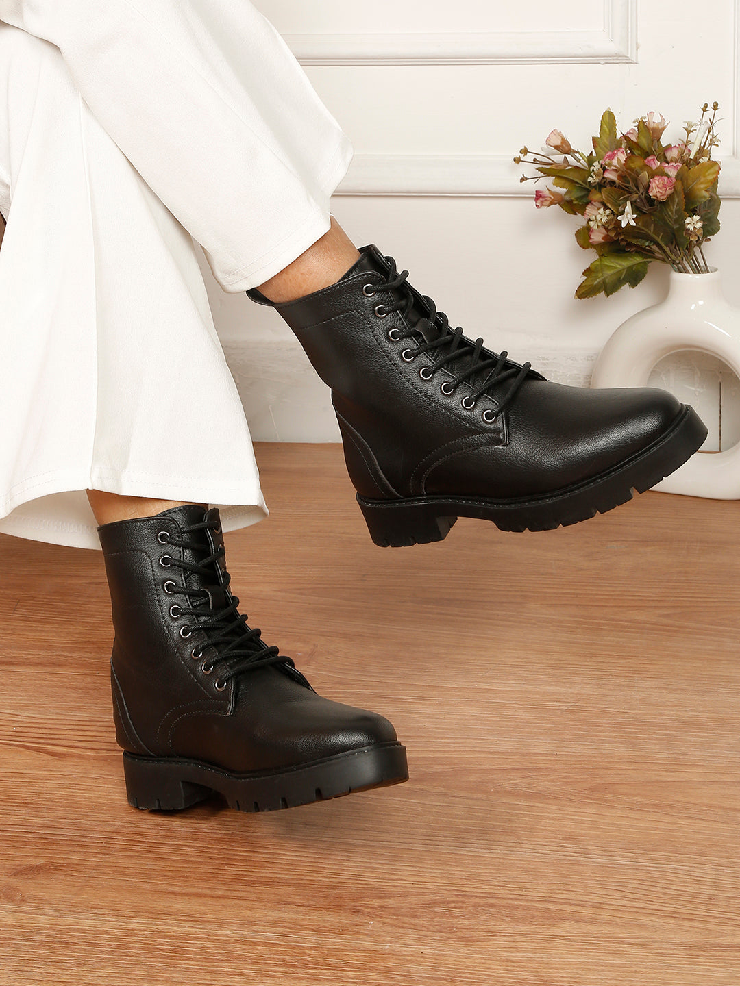 Kosher Elegant Ladies Black Colour Lace-Up Boots - Stylish & Comfortable