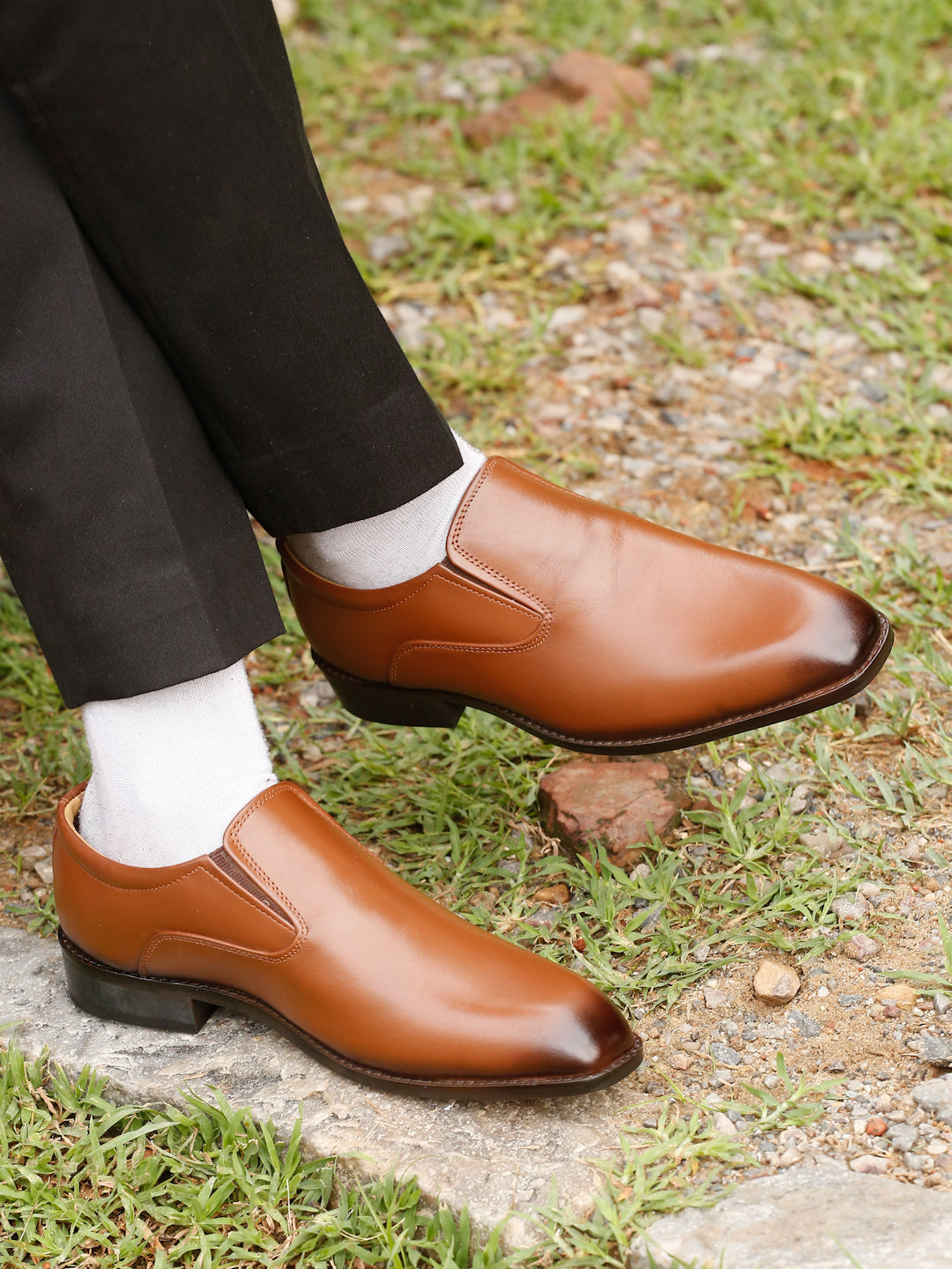 Kosher Men's Sleek Tan Plain Toe Slip-On Formal Shoes