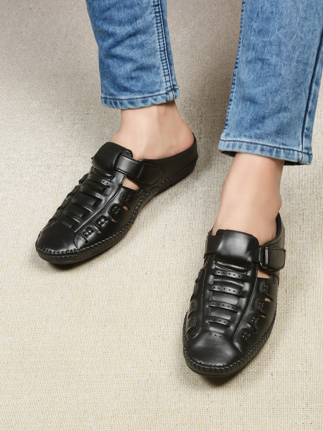 Kosher Black Bantu Roman Faux Leather Men's Casual Sandal