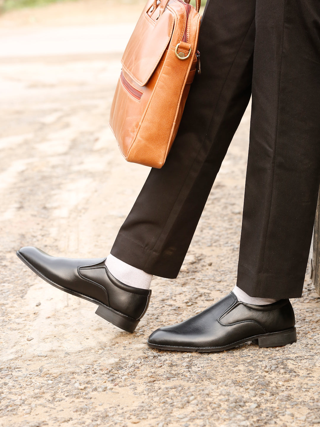 Kosher Men's Sleek Black Plain Toe Slip-On Formal Shoes