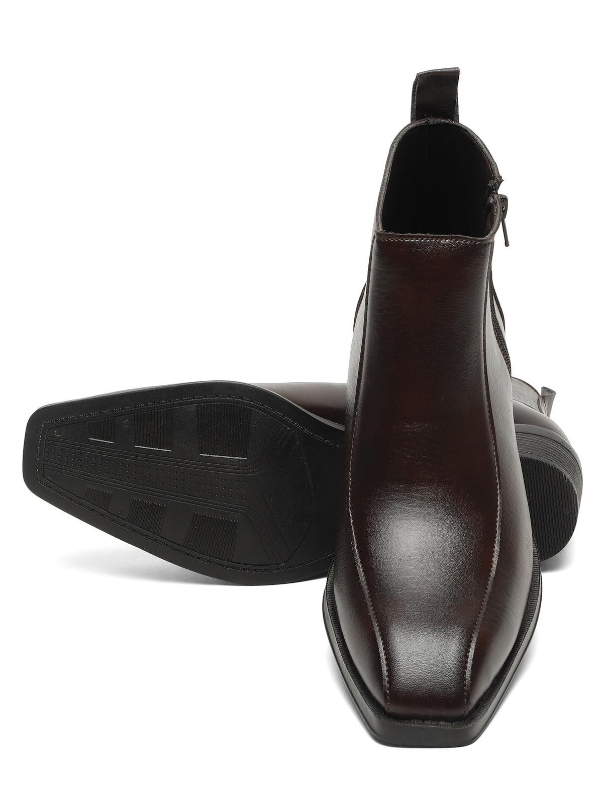 Kosher Men's Brown Synthetic Leather Side-Zip Square-Toe Ankle Boots