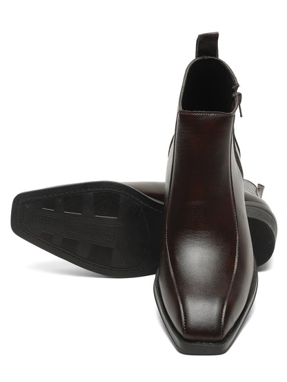 Kosher Men's Brown Synthetic Leather Side-Zip Square-Toe Ankle Boots
