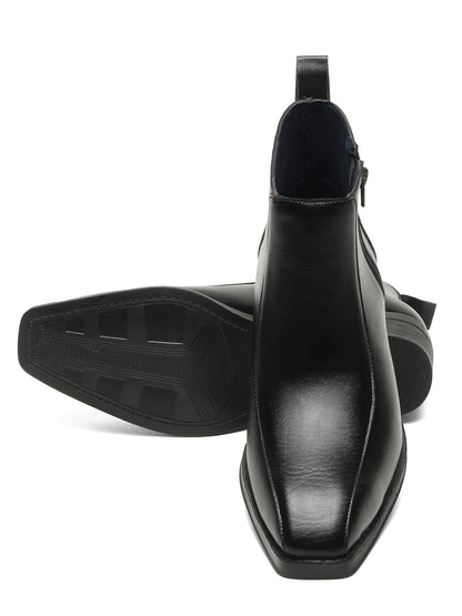 Kosher Men's Black Synthetic Leather Side-Zip Square-Toe Ankle Boots