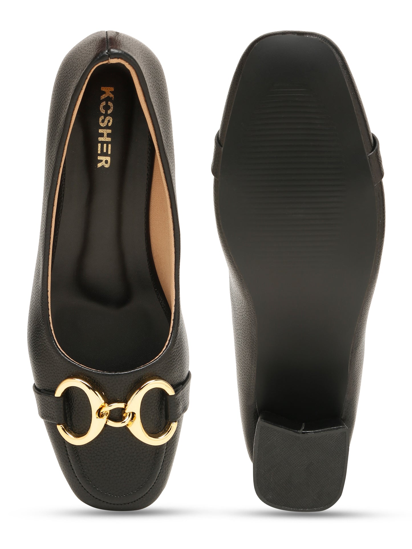 Kosher Women’s Black Block Heel Pumps with Gold Chain Buckle | Formal Office Wear Heels