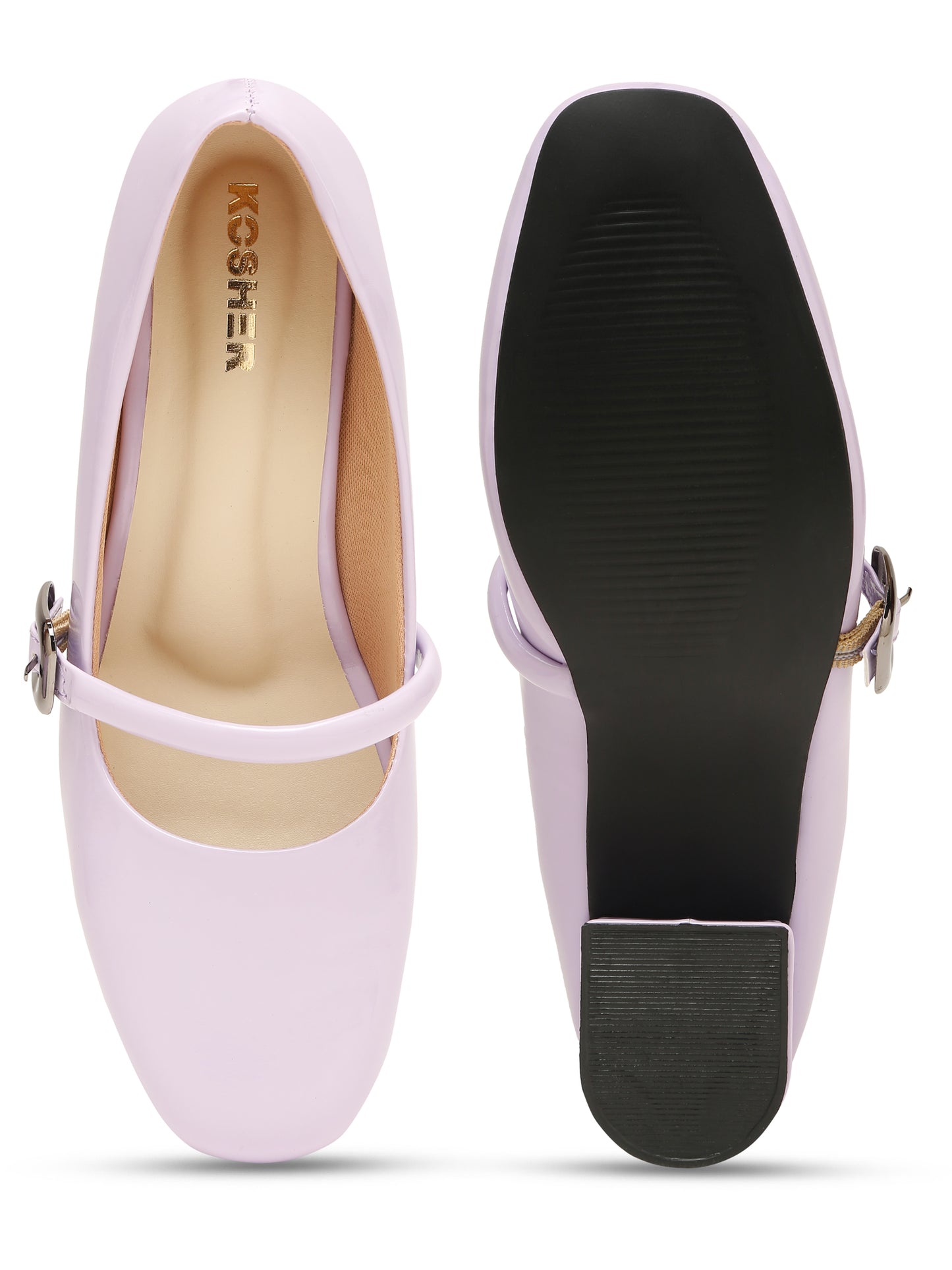 Kosher Women Lavender Patent Mary Jane Block Heel Pumps | Glossy Closed Toe Casual & Party Heels